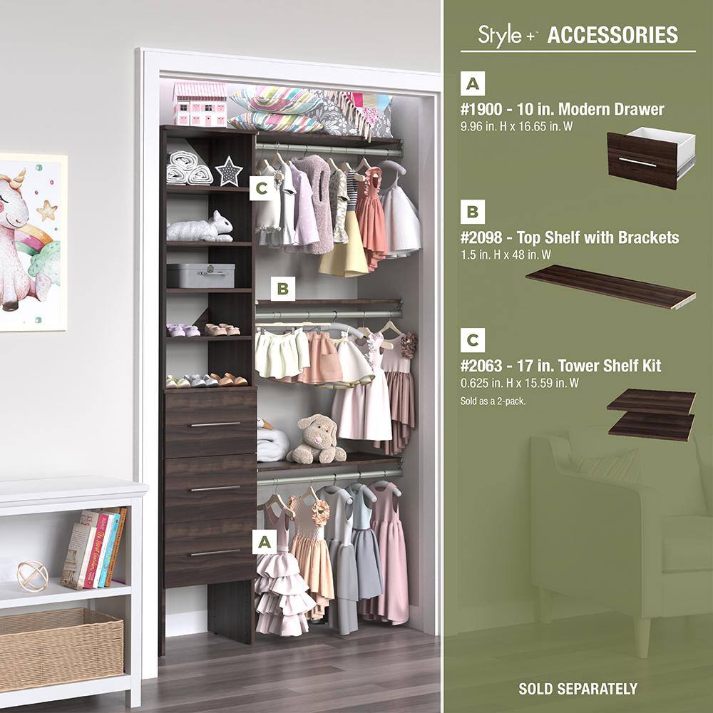 ClosetMaid Style+ 72 in. W - 113 in. W Modern Walnut Narrow Wood Closet System