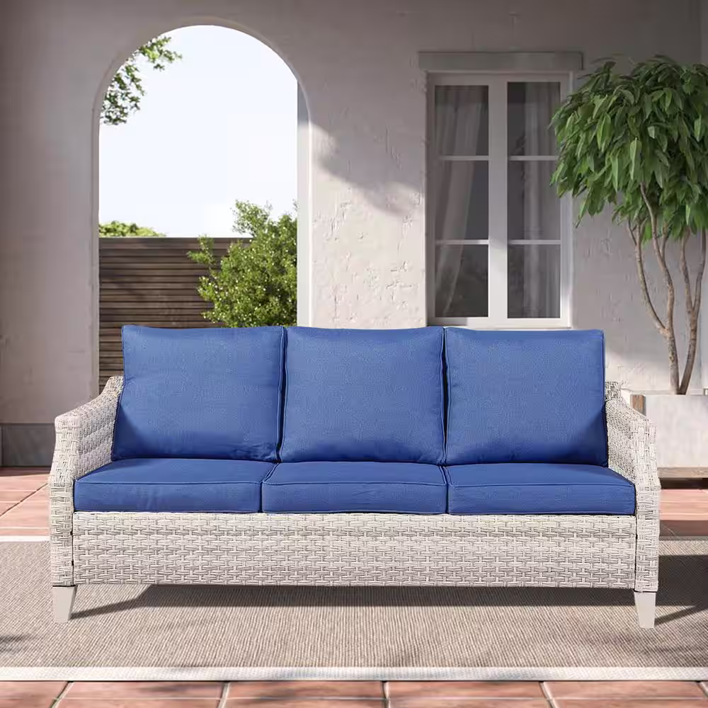 Gymojoy Canton Off White 5-Pieces Wicker Patio Conversation Set with Blue Cushions
