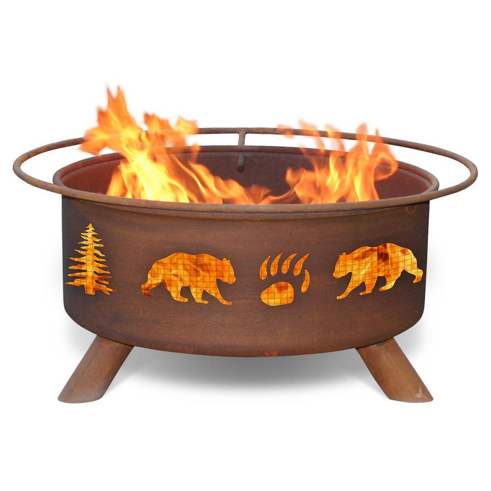 None Bear and Trees 29 in. x 18 in. Round Steel Wood Burning Fire Pit in Rust with Grill Poker Spark Screen and Cover