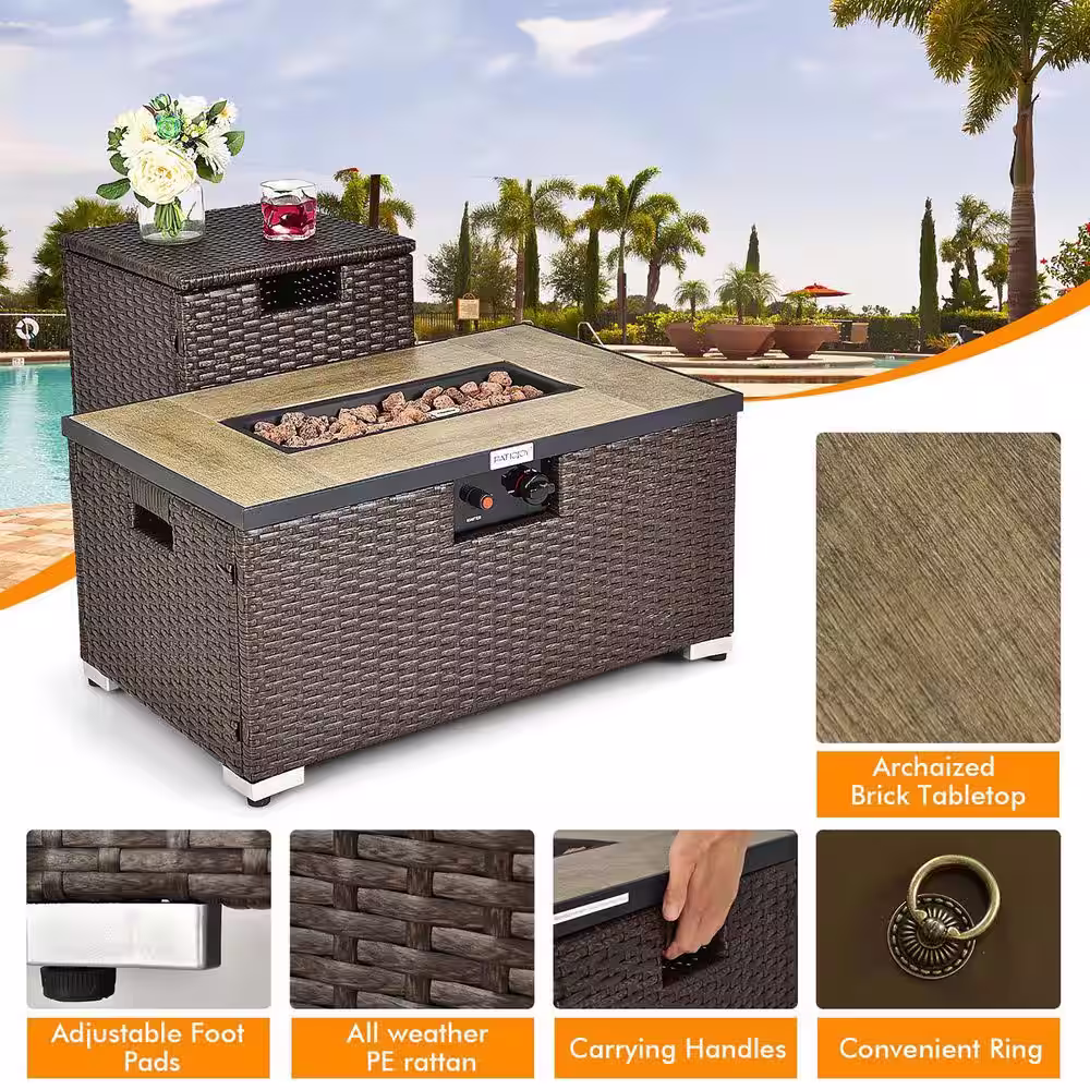 Costway 32 in.x 20 in. Propane Rattan Fire Pit Table Set w/Side Table Tank & Cover 40,000 BTU