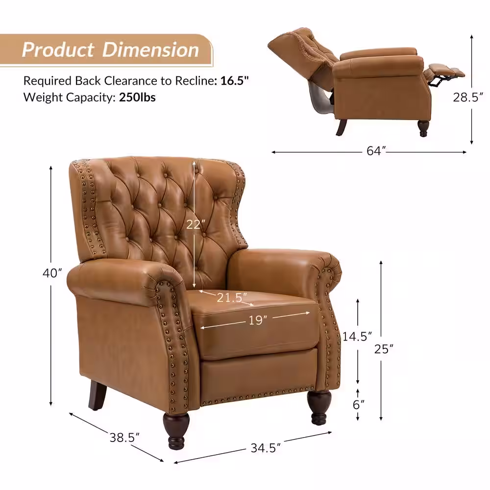 JAYDEN CREATION Isabel Camel Genuine Leather Recliner with Tufted Back and Rolled Arms