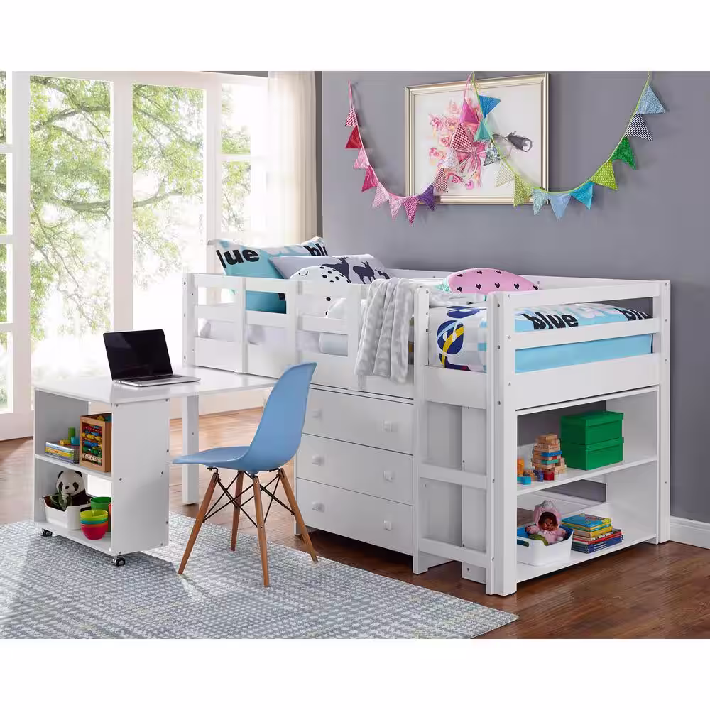 HOMESTOCK White Low Loft Bed Twin Loft Bed with Desk Kids Beds for Boy Solid Pine Wood Toddler Bed