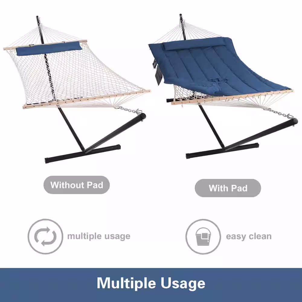 None 10 ft. x 12 ft. Quilted Rope Hammock and 12 ft. Steel Hammock Stand with Detachable Pillow, Navy
