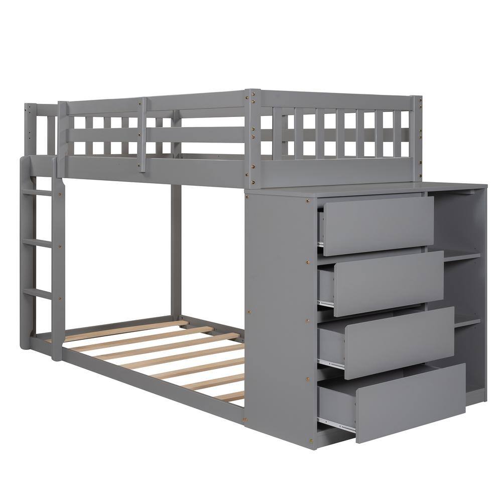Qualler Gray Twin over Twin Bunk Bed with 4 Drawers and 3 Shelves
