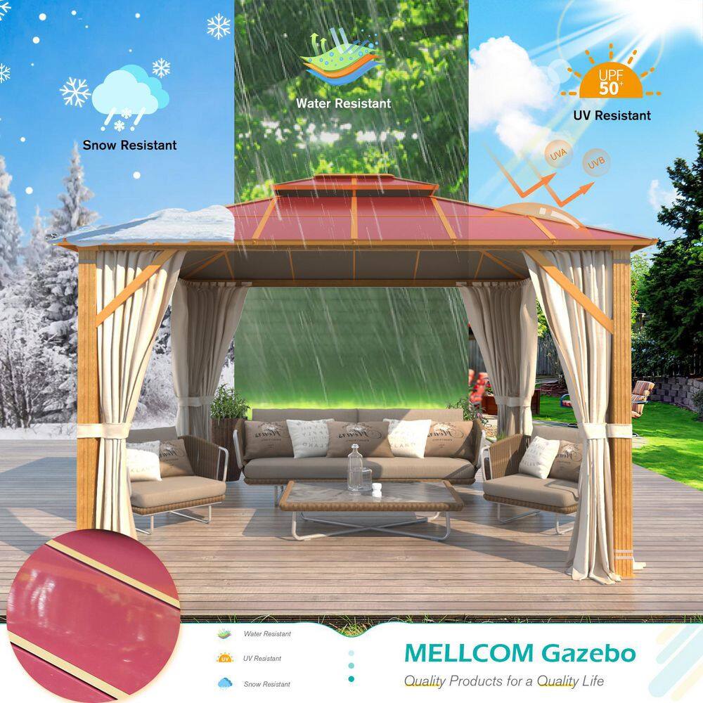 None 10 ft. x 12 ft. Metal Hardtop Gazebo, Wooden Finish Coated Aluminum Frame Double Roof Gazebo, Claret
