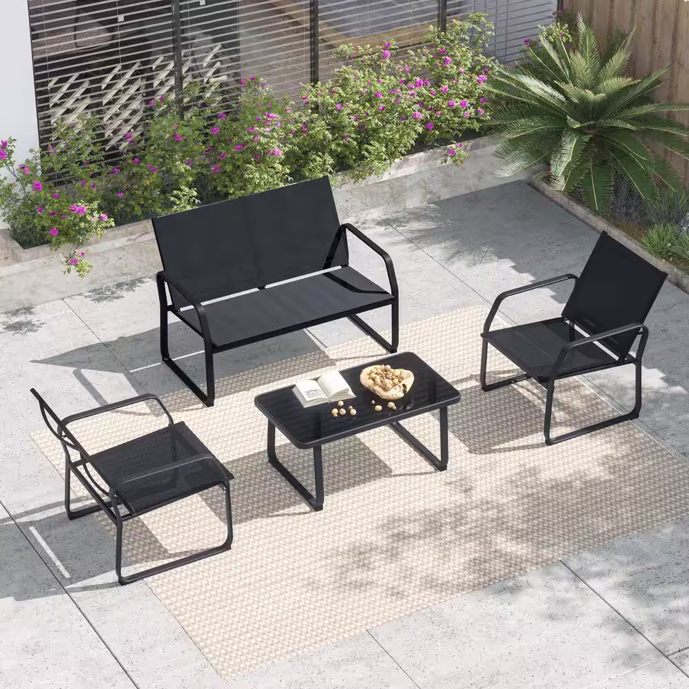 CORVUS Yorkdale Black 4-Piece Outdoor Sling Fabric Patio Conversation Set