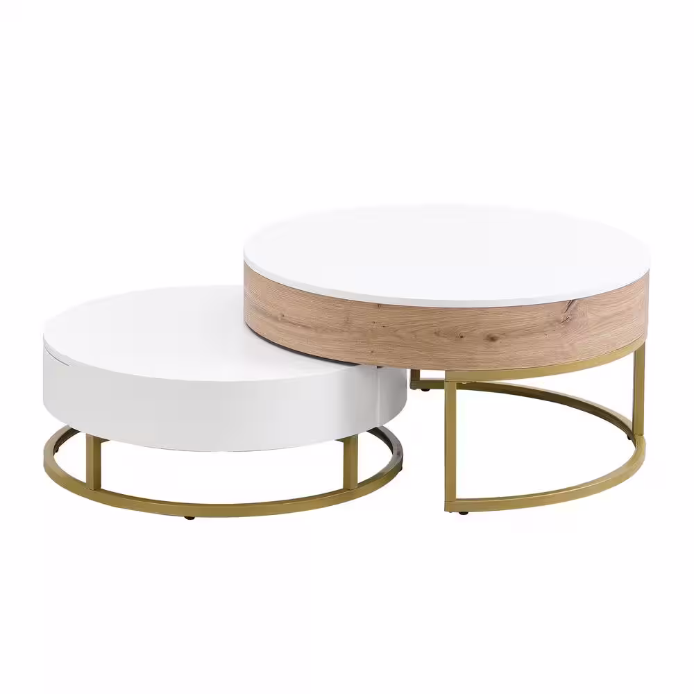 Harper & Bright Designs Multifunctional 31.5 in. White and Natural Round MDF Lift-top Nesting Coffee Table, Accent Table Set with Drawers
