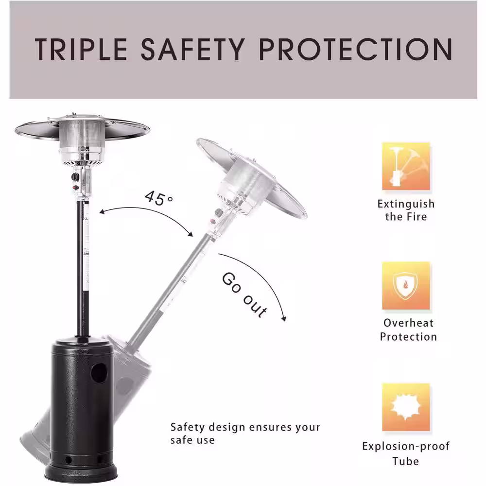 None 48,000 BTU Matte Black Stainless Steel Propane Patio Heater with Wheels