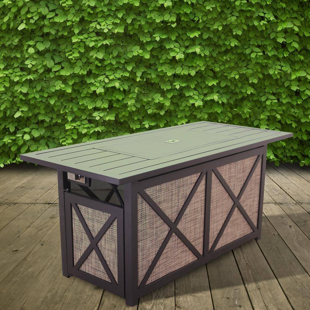 Courtyard Casual Santa Fe Metal Rectangle Fire Pit in Java with 18 lbs. of Amber Fire Glass and Sling Base