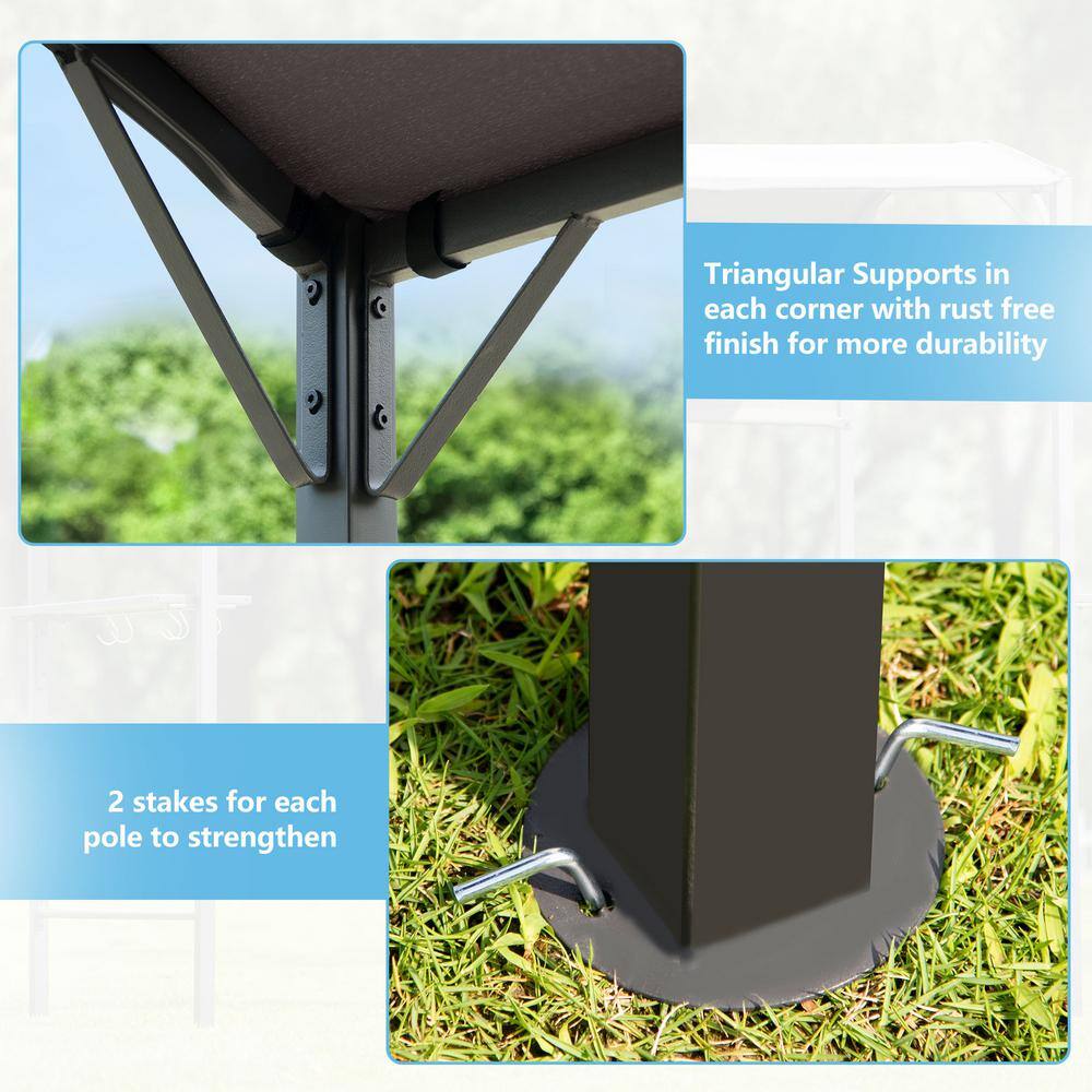 Sungrd 7 ft. x 6.8 ft. Gray Steel Double Tiered Patio BBQ Gazebo with Side Awning, Bar Counters and Hooks