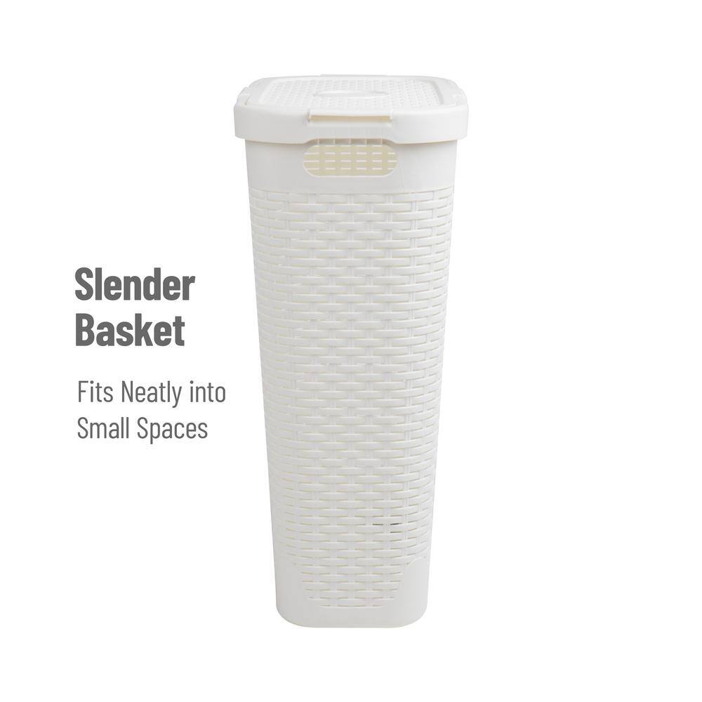 Mind Reader Basket Collection, Slim Laundry Hamper, 40 Liter (15kg/33lbs) Capacity, Cut Out Handles, Attached Hinged Lid, White
