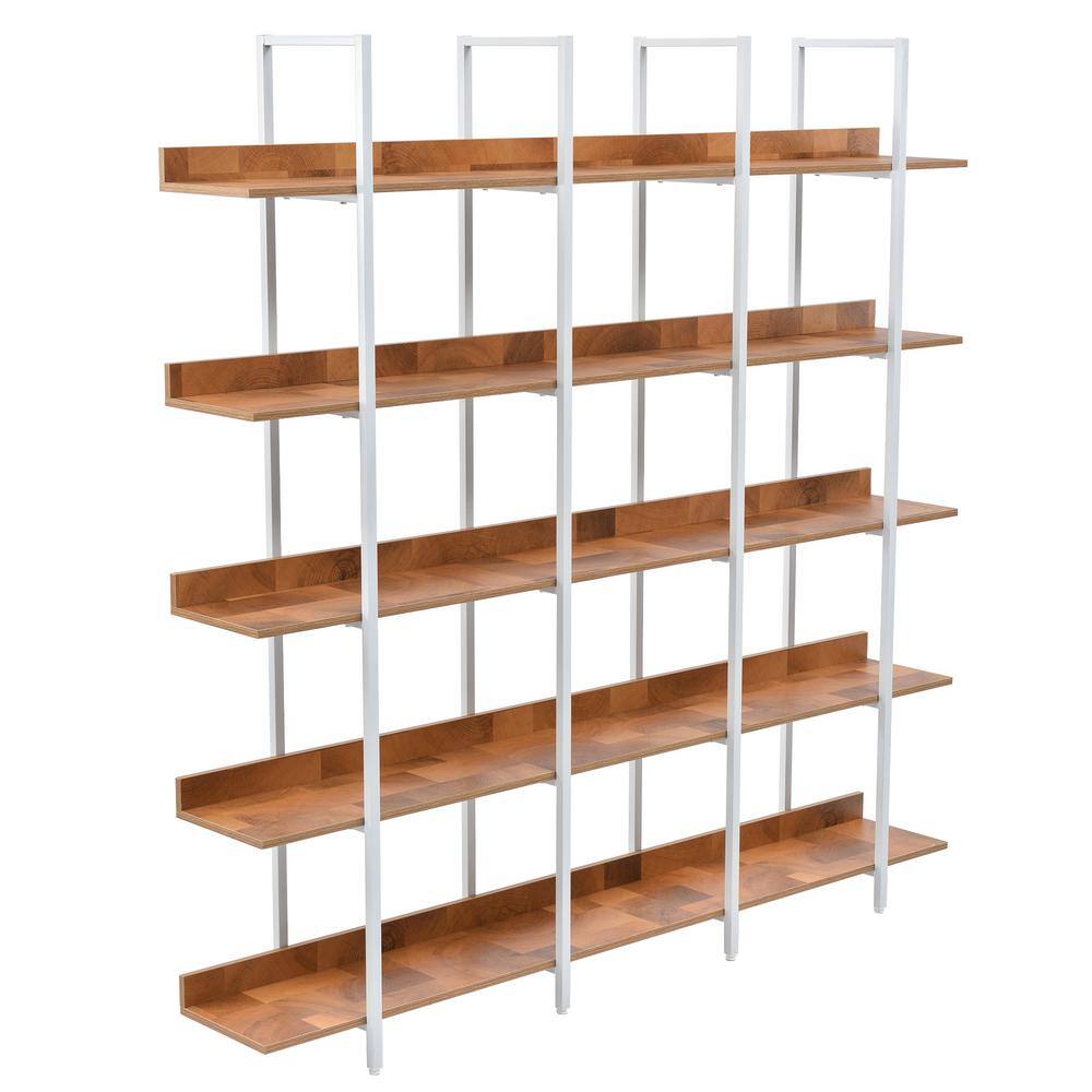 Siavonce 11.81 in. W x 70.90 in. H x 70.90 in. D Brown+White 5 Tier Metal Frame Bookcase Home Office Open MDF Board Bookshelf