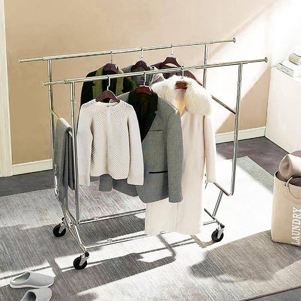None Silver Iron Garment Clothes Rack Double Rods 50 in. W x 65 in. H