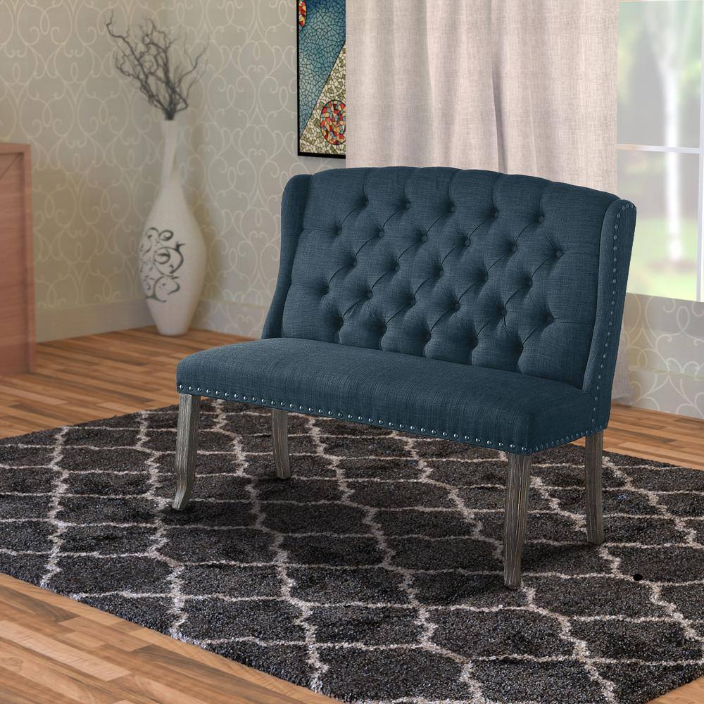 Benjara Blue Tufted High Back 2-Seater Love Seat Bench with Nailhead Trims 26.75 in. L x 48 in. W x 42.5 in. H