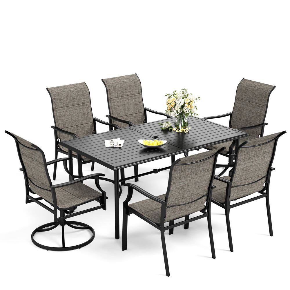 None 7-Piece Metal Patio Outdoor Dining Set with Slat Table-top and Padded Swivel Rocker Texitilene Chair