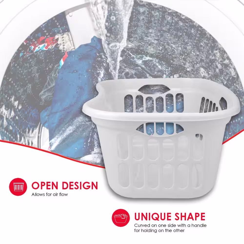 Home Basics Curved Hip Holding Large Capacity White Lightweight Plastic Laundry Basket with Easy Grab Handles