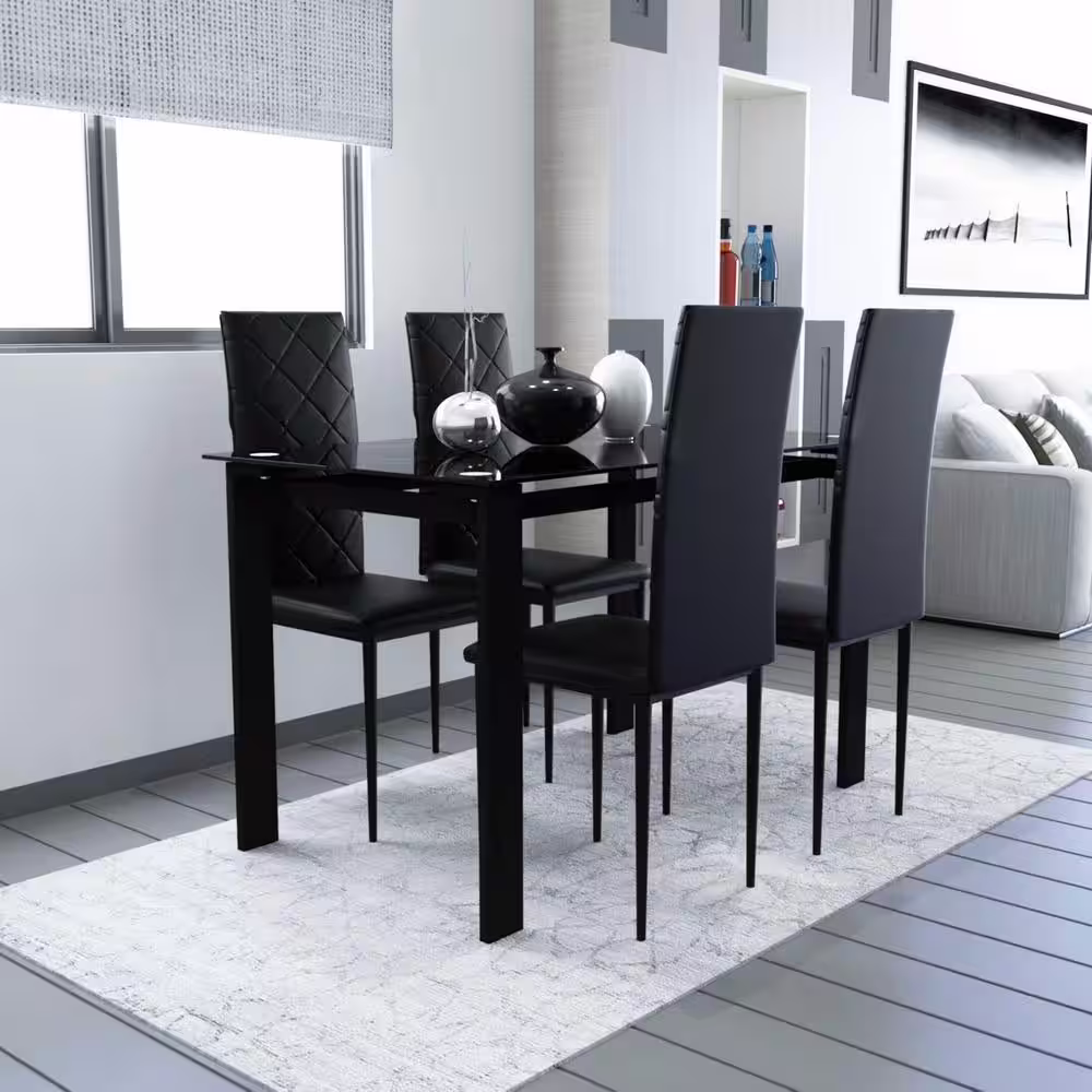 None 5-Piece Rectangle Glass Top Black Metal Frame Rhombic Leather Dinning Chair and Table Set