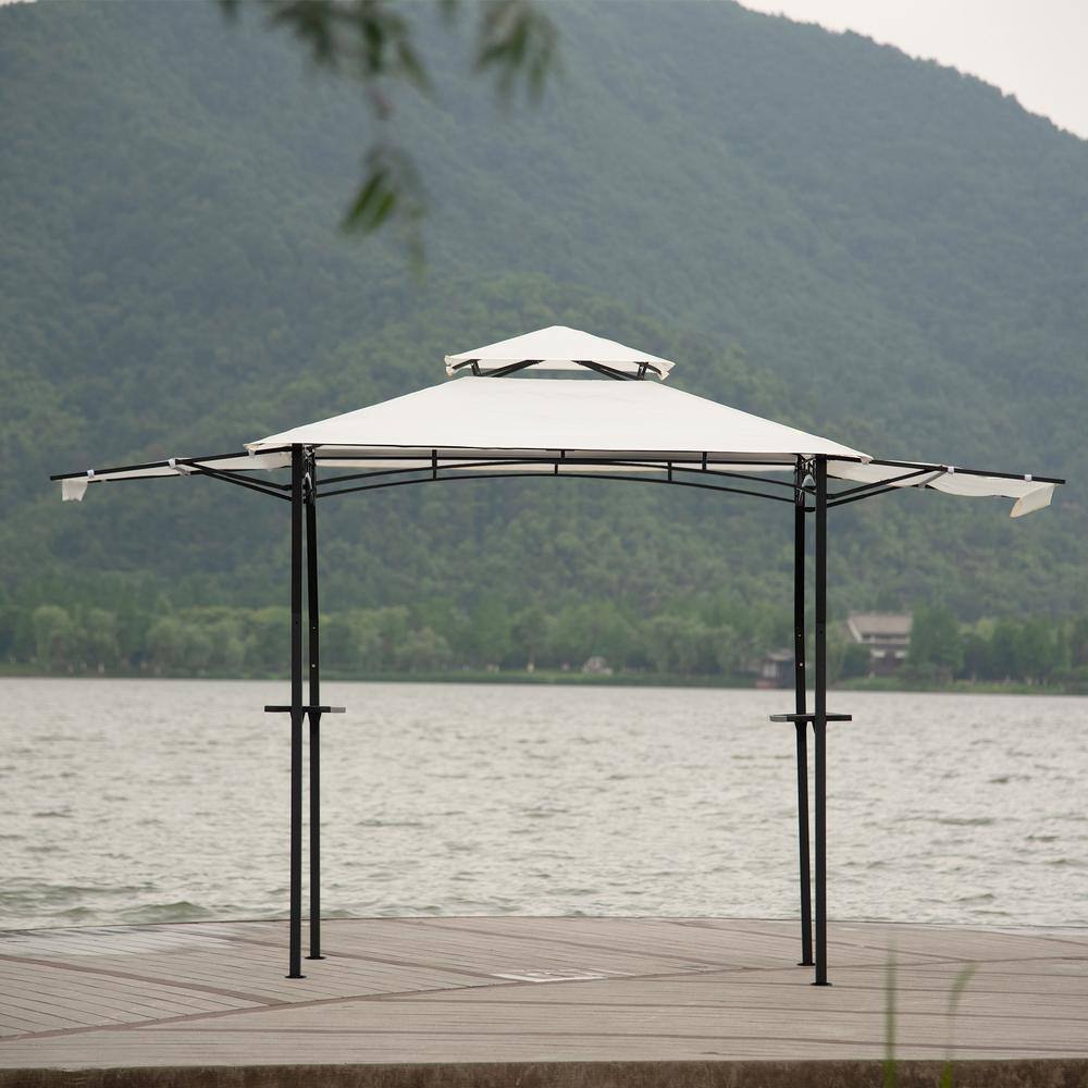 None 13 ft. L x 4.5 ft. W White Steel Double Tiered Backyard Patio BBQ Grill Gazebo with Bar Counters and Extendable Shades