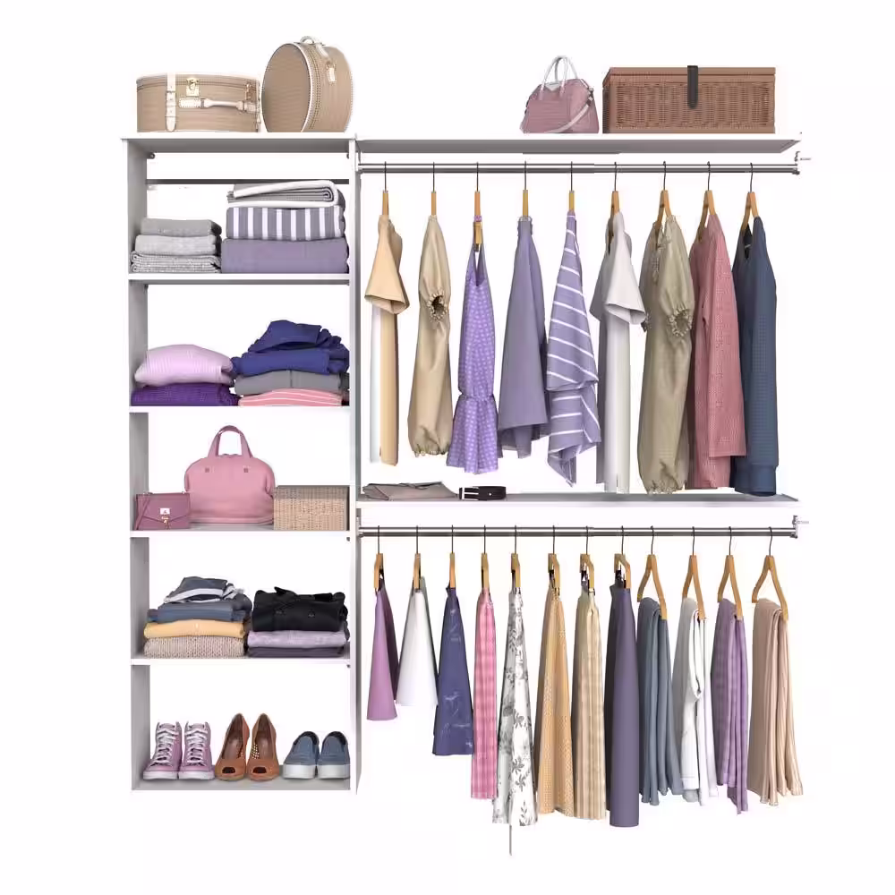 ClosetMaid Style+ 55.12 in. W - 121.12 in. W White Hanging Wood Closet System Kit with Top Shelves