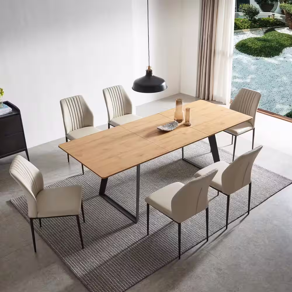 None 7-Piece Set of White Chairs and  Oak Rectangular Retractable Dining Table with Carbon Steel Legs and 6 Modern Chairs