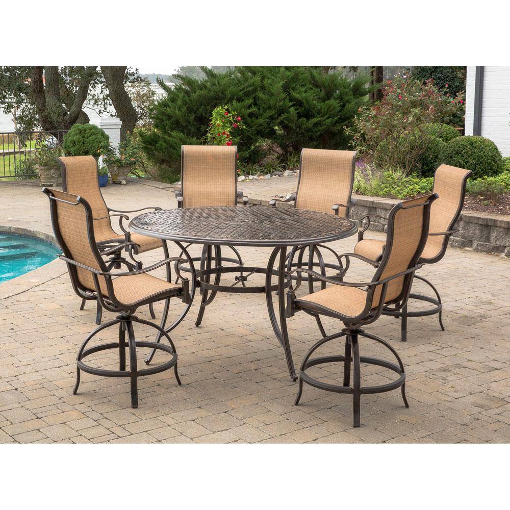 Agio Somerset 7-Piece Aluminum Round Outdoor Bar-Height Dining Set with Swivels and Cast-Top Table