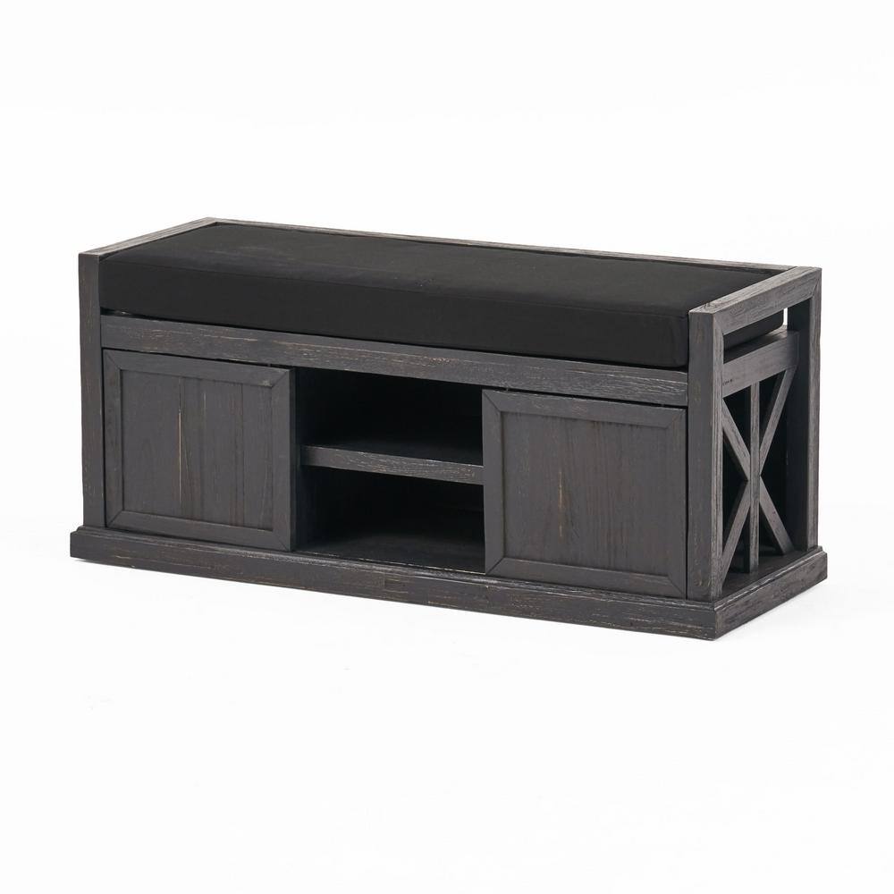 Noble House Cantebella Black Bench with Upholstered (19 in. x 43.25 in. x 15.75 in.)