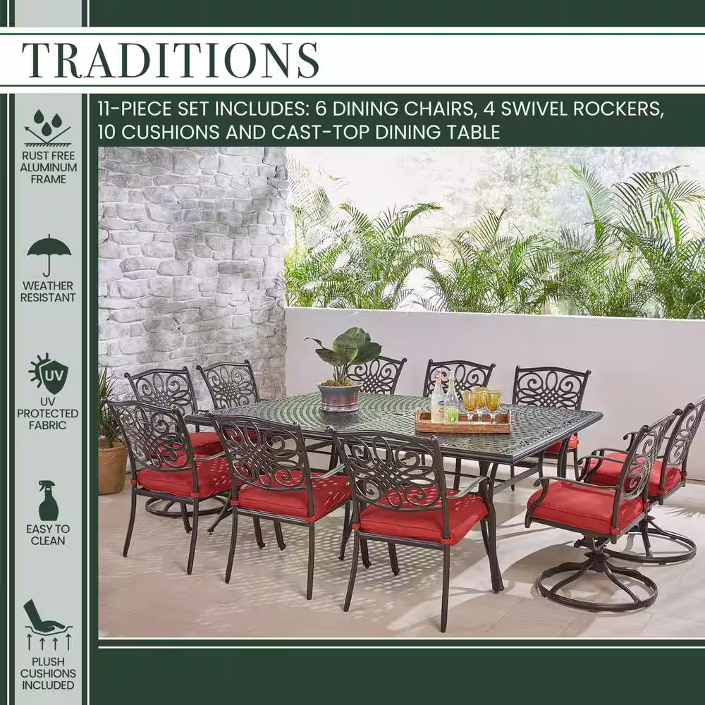 Hanover Traditions 11-Piece Aluminum Outdoor Dining Set with 4 Swivel Rockers and Red Cushions