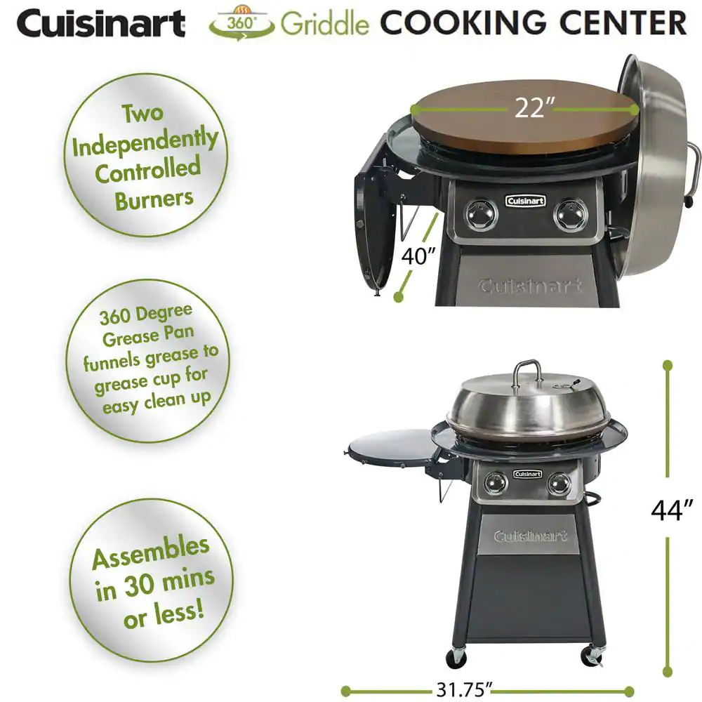 Cuisinart 2-Burner Propane Gas 360-Degree Griddle Cooking Center in Gray with Stainless Steel Lid