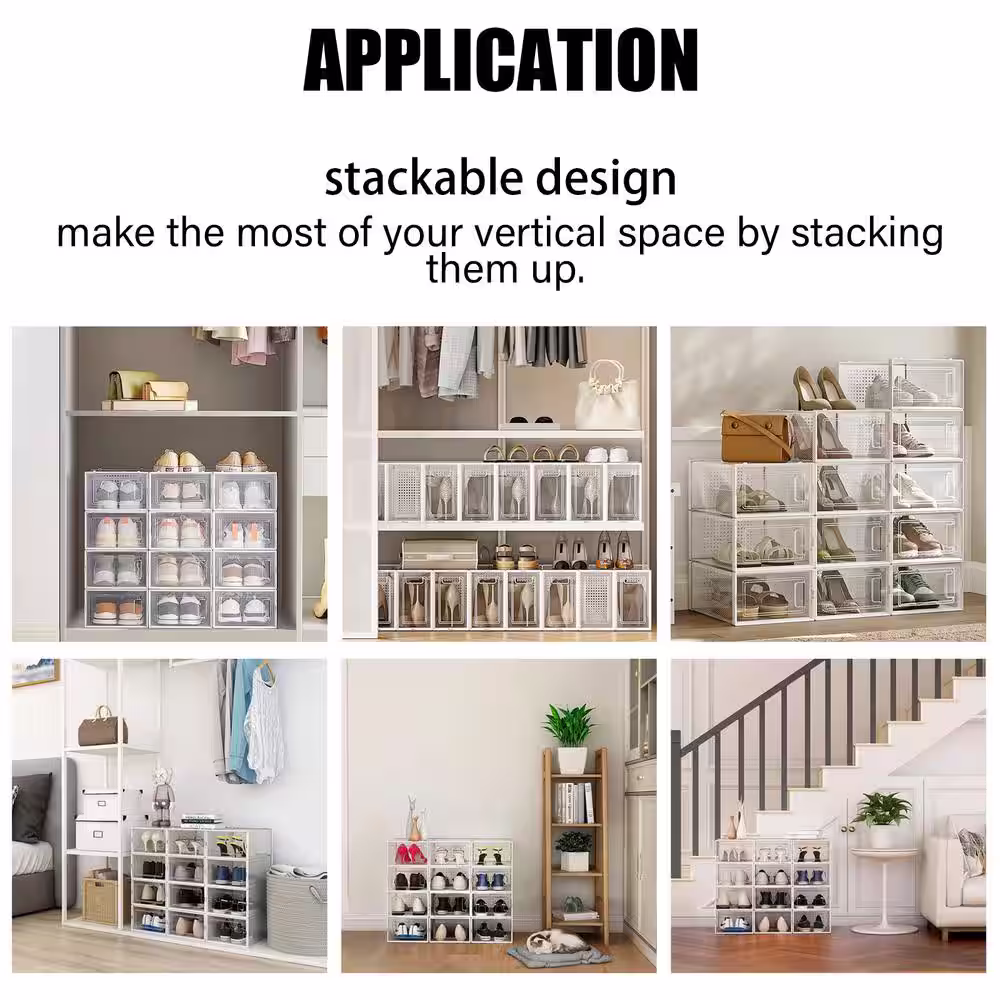 Siavonce 8-Pair Plastic Stackable Clear Shoe Storage Shoe Boxes, Storage Bins Shoe Container Organize, White