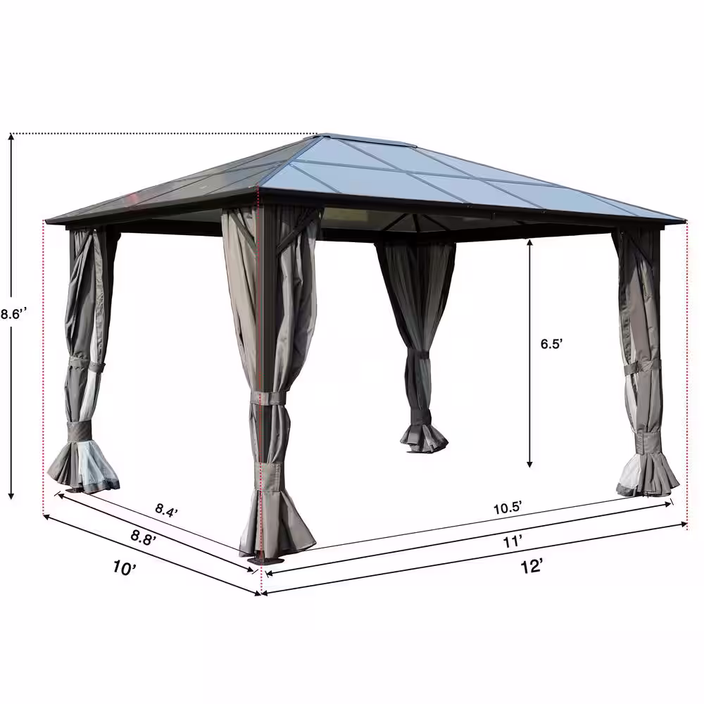 KOZYARD Edward 10 ft. x 8.6 ft. x 12 ft. Polycarbonate Transparent Roof Gazebo with Mosquito Net and Privacy Sidewall