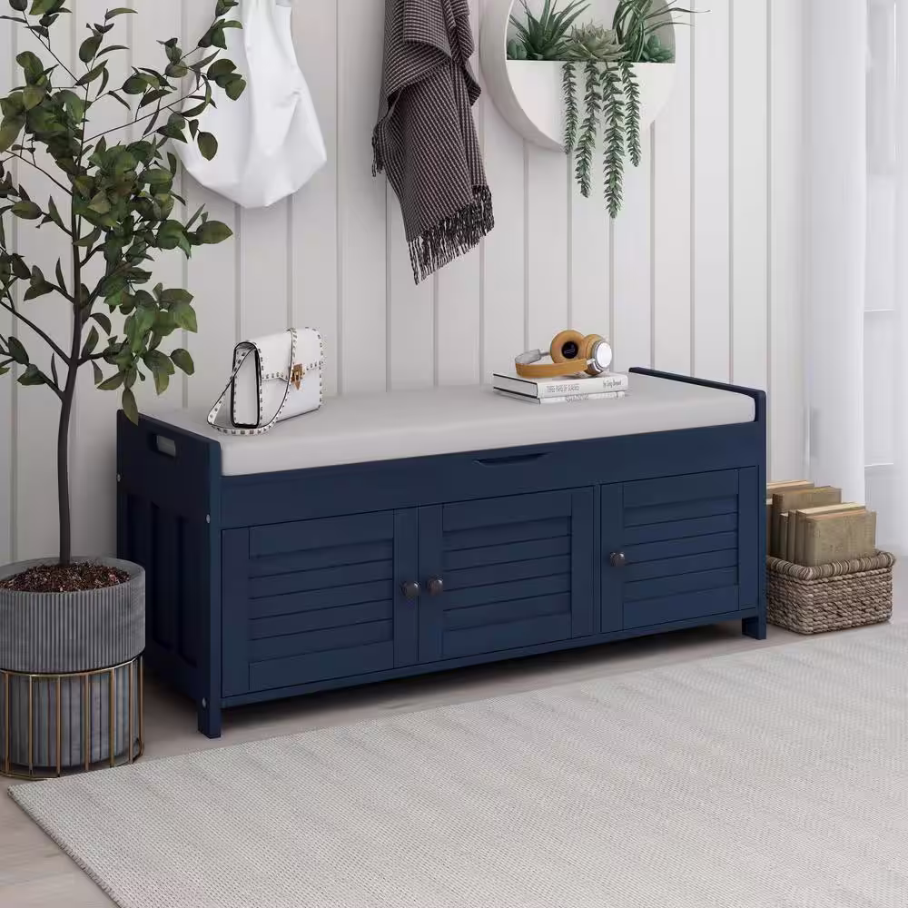 Polibi Antique Navy Storage Bench with Removable Cushion and 3 Shutter-shaped Doors