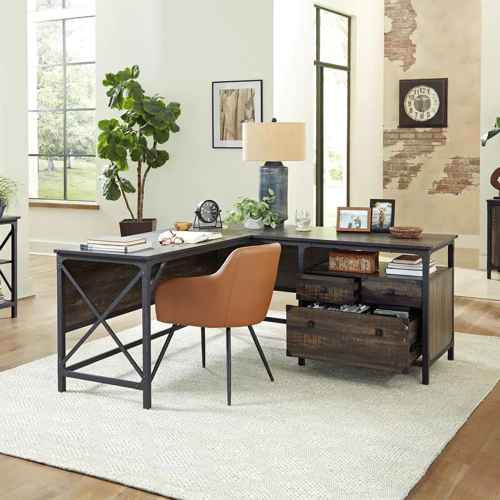 SAUDER Steel River 66.063 in. Engineered Wood 3-Drawer L-Shaped Carbon Oak Computer Desk with Metal Frame