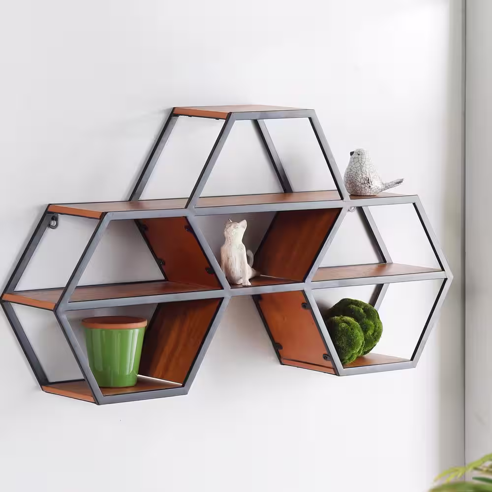 StyleWell 18 in. H x 33 in. W x 6 in. D Hexagonal Wood and Metal Floating Shelf