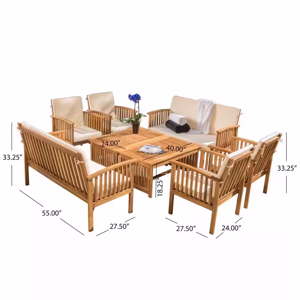 Noble House Thalia Brown 8-Piece Wood Patio Conversation Set with Cream Cushions