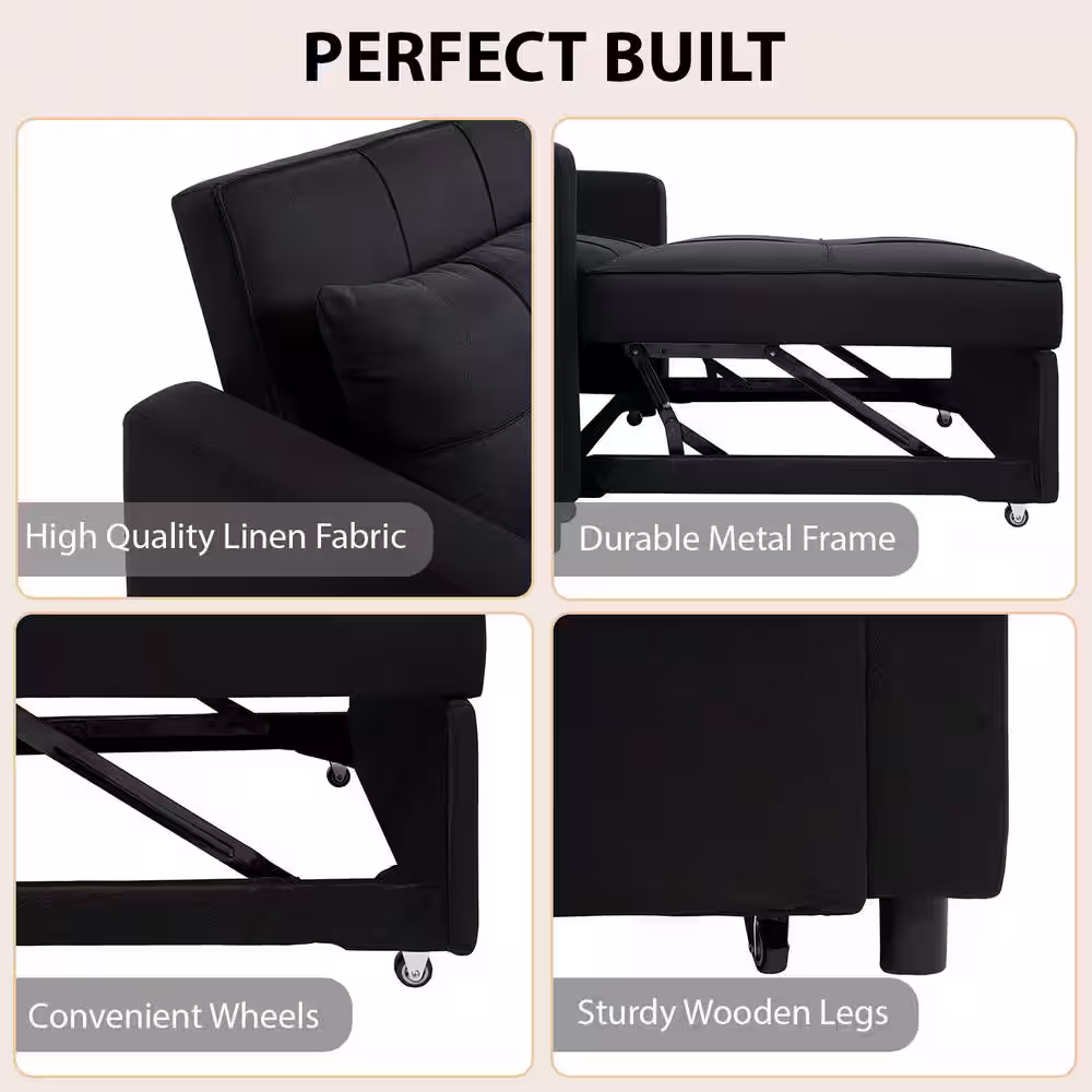 MAYKOOSH Sleeper 3 in 1-Convertible Chair Bed, Pull Out Folding Lounger Sleeper Chair Bed, Linen Sofa Bed Sleeper Black