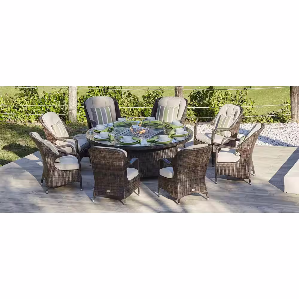 DIRECT WICKER Turnbury Large 70.8 in. Propane Round Brown Wicker Gas Fire Pit Table with Tempered Glass Surround