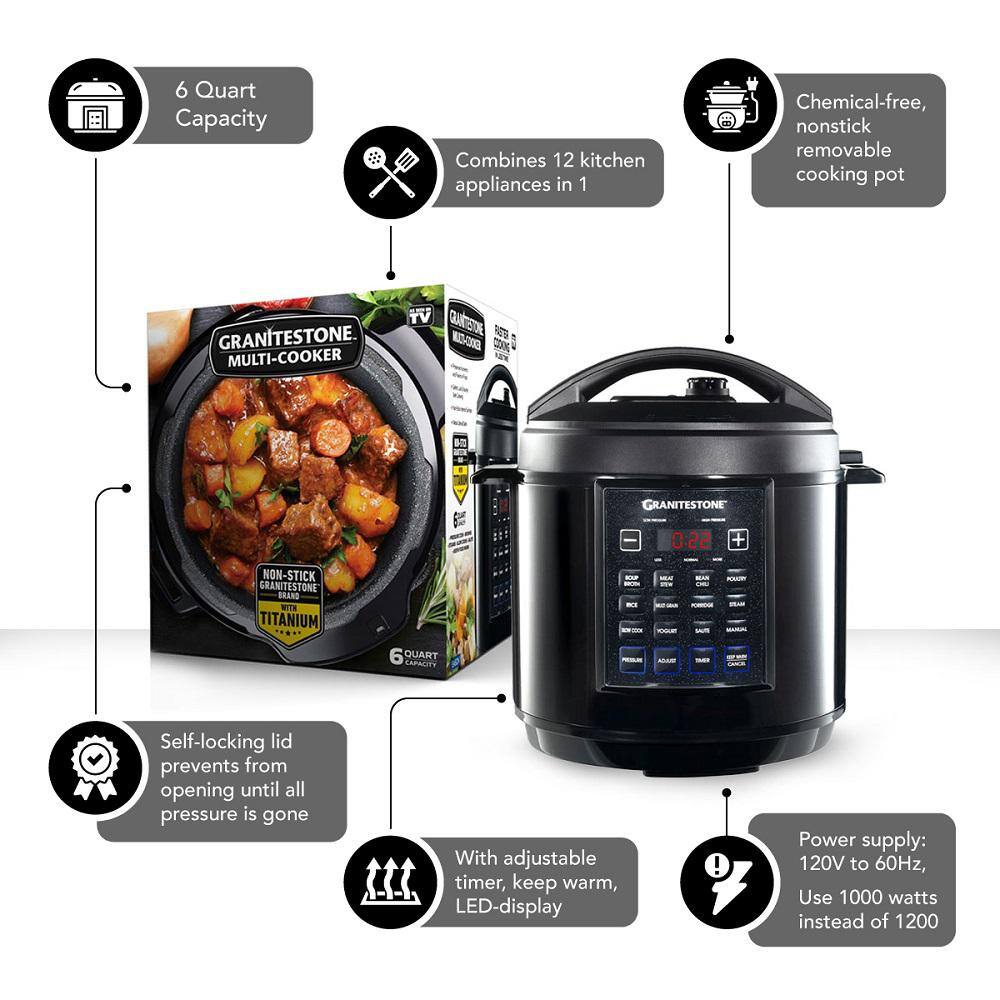GRANITESTONE 6 Qt. Black Electric Triple Layer Titanium Coating Multi-Pressure Cooker with Built-In Timer and Pre-Settings