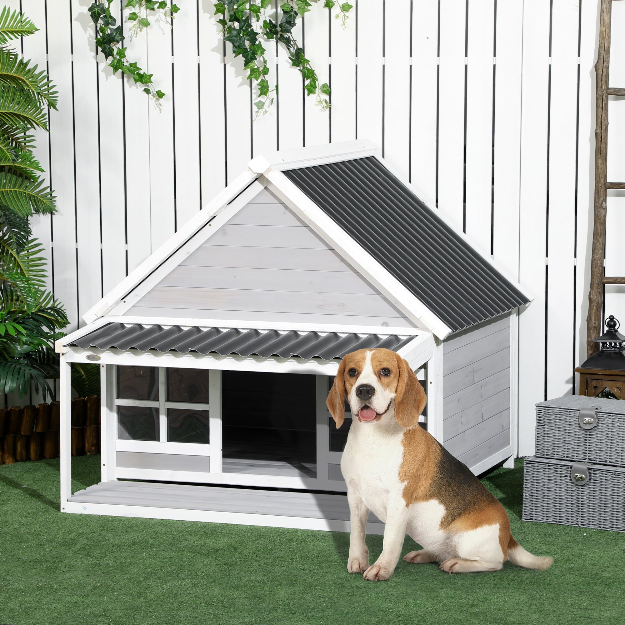 PawHut Wooden Dog House Outdoor with Porch, Cabin Style Raised Dog Shelter with PVC Roof, Front Door, Windows, for Large Medium Sized Dog