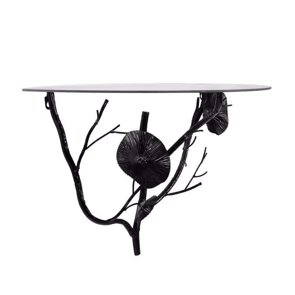 Litton Lane 23.75 in. W x 11.88 in. D Black Branch Metal Floral Decorative Wall Shelf with Glass Top