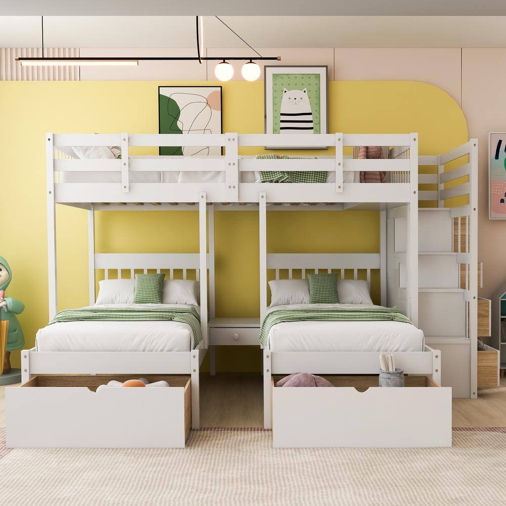 Harper & Bright Designs White Full over Twin & Twin Bunk Bed with Six Drawers and Guardrails