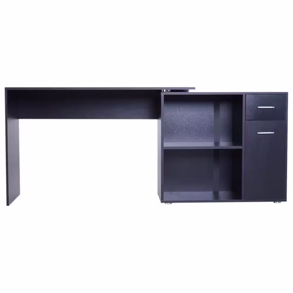 None 46 in. L-Shaped Black Writing Computer Desk with Storage Shelves and Cabinet