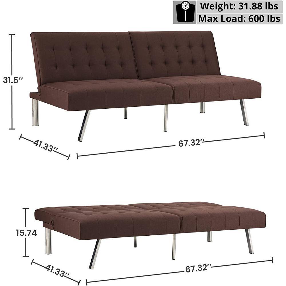HOMESTOCK Espresso, Linen Tufted Split Back Futon Sofa Bed, Couch Bed, Futon Convertible Sofa Bed with Metal Legs