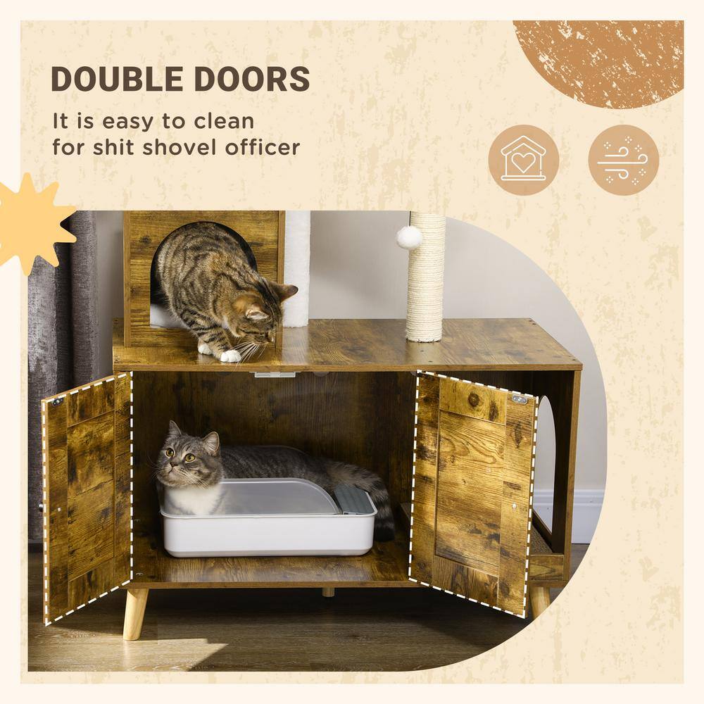 PawHut Litter Box Enclosure with Cat Tree Tower, Hidden Cat Washroom Furniture with Condo, Scratching Posts, Rustic Brown
