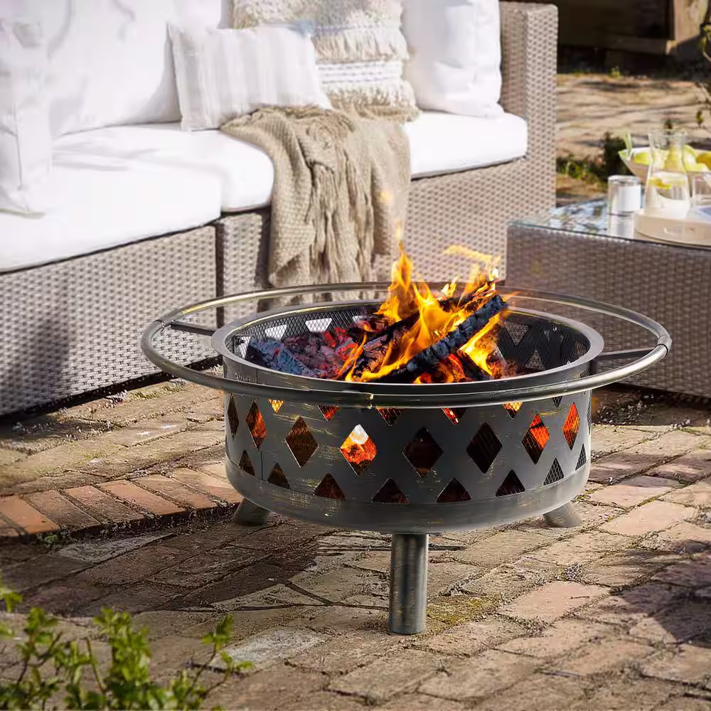 None 30 in. Outdoor Wood Burning Fire Pit with Cooking Grill