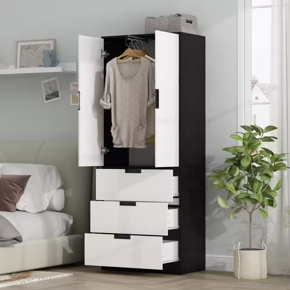 FUFU&GAGA White Wood 27.6 in. W Armoires Wardrobe With Sliding Hanging Rods, 3 Drawers (15.7 in. D x 27.6 in. W x 70.9 in. H)