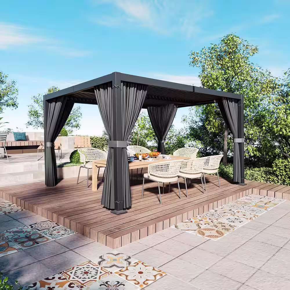 EGEIROSLIFE 10 ft. x 13 ft. Aluminum Louvered Pergola with Adjustable Roof and Gray Curtains