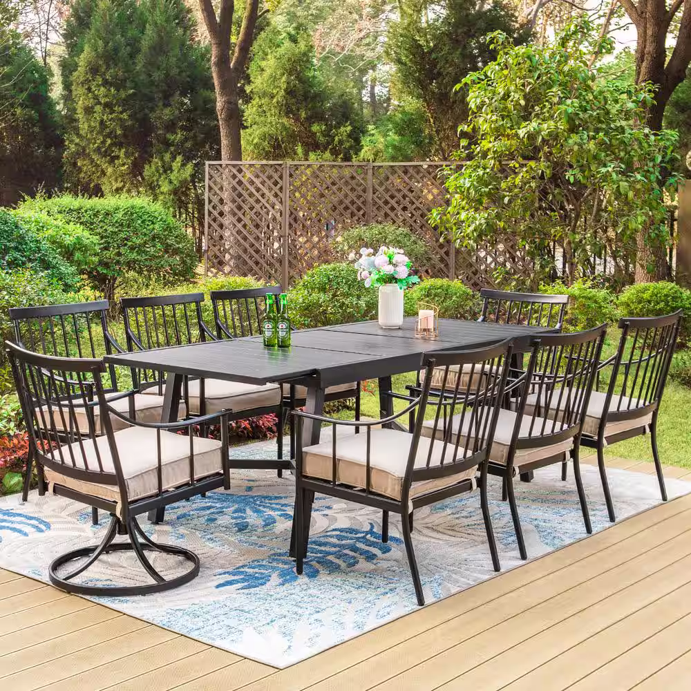 None Black 9-Piece Metal Patio Outdoor Dining Set with Extensible Slat Table and Swivel Stylish Chairs with Beige Cushion