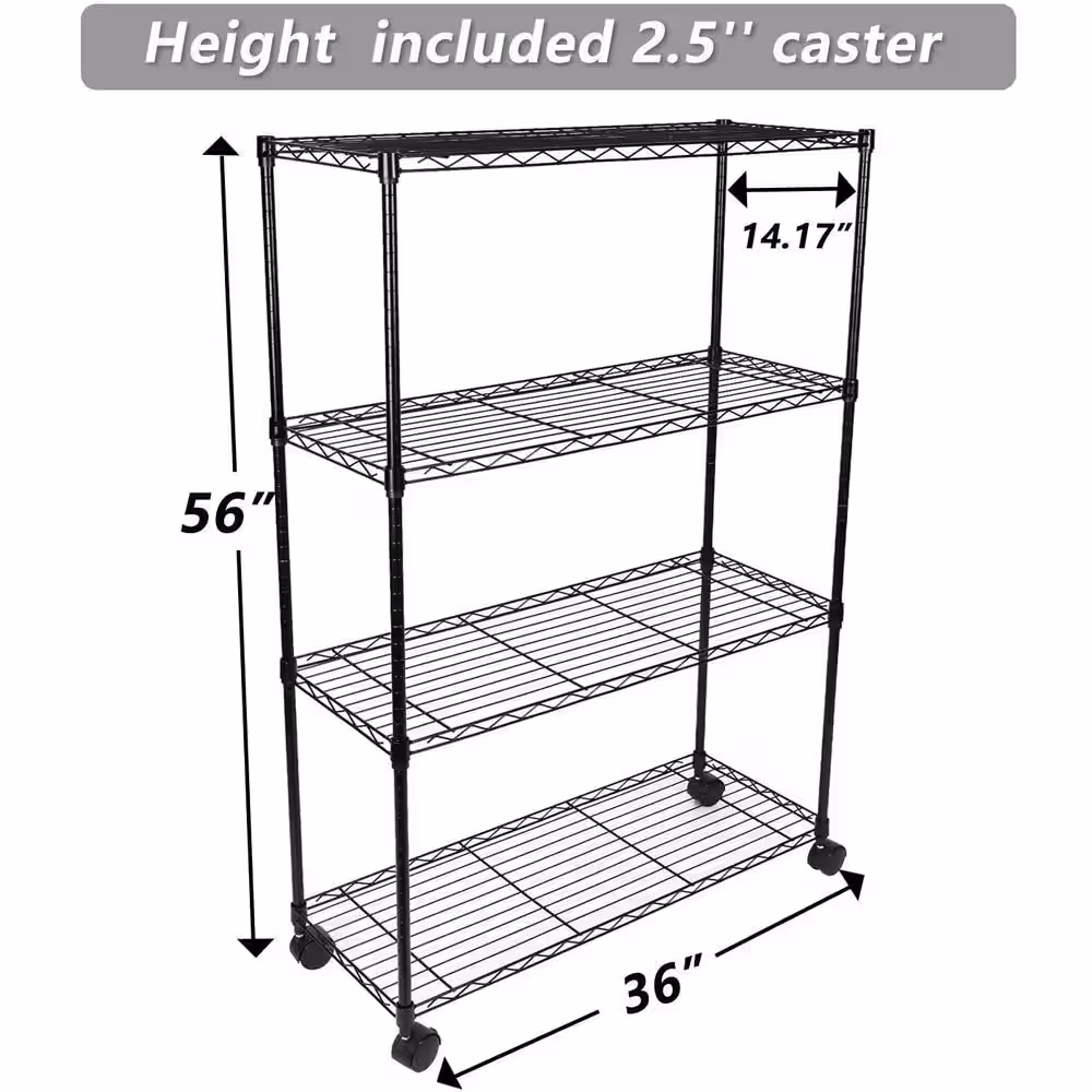 Amucolo Black 4-Tier Heavy Duty Metal Wire Garage Storage Shelving Unit with wheels(36 in. W x 56 in. H x 14.17 in. D)