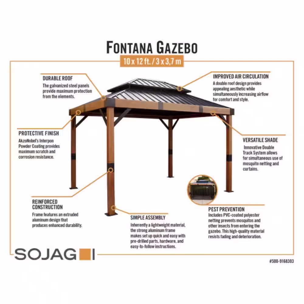Sojag Fontana 10 ft. x 12 ft. Double Roof Wood Effect Rustproof Aluminum Framed Gazebo