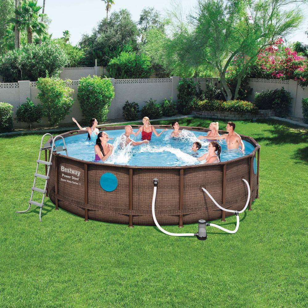 Bestway 16 ft. x 16 ft. Round 48 in. Deep Metal Frame Power Vista Pool Set with Vacuum and Maintenance Kit